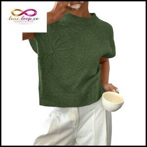 Short Sleeve Sweater Vest, Knit Pullover Tank Top, Floral Embellishment